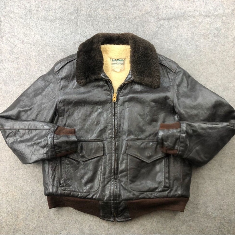 L.L. Bean Black and Brown Bomber Jacket with Shearling Collar and Ribbed Cuffs